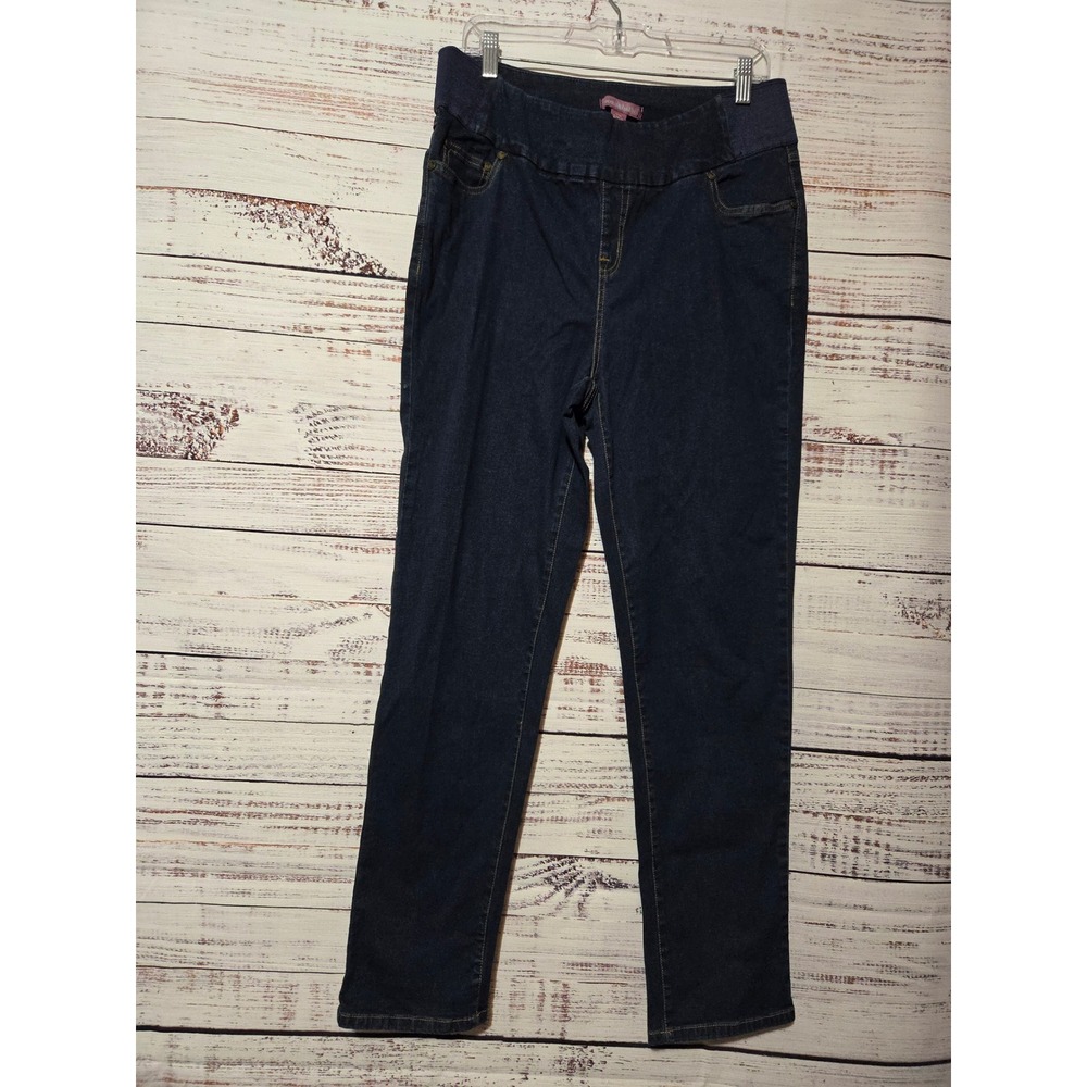 Woman Within Womens 14W Dark Wash Indigo Pull On Straight Leg Stretch Jeans
